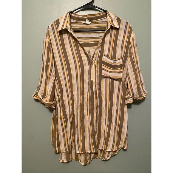 Cato Est. 1946 Womens Multicolor Striped Roll Tab Sleeve Blouse Top Size L - Picture 1 of 6